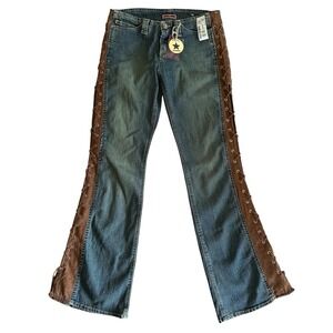 VTG Jou Jou Y2K Flared Lace Up Denim Jeans Womens Size 7/8 Suede Boho Cowgirl